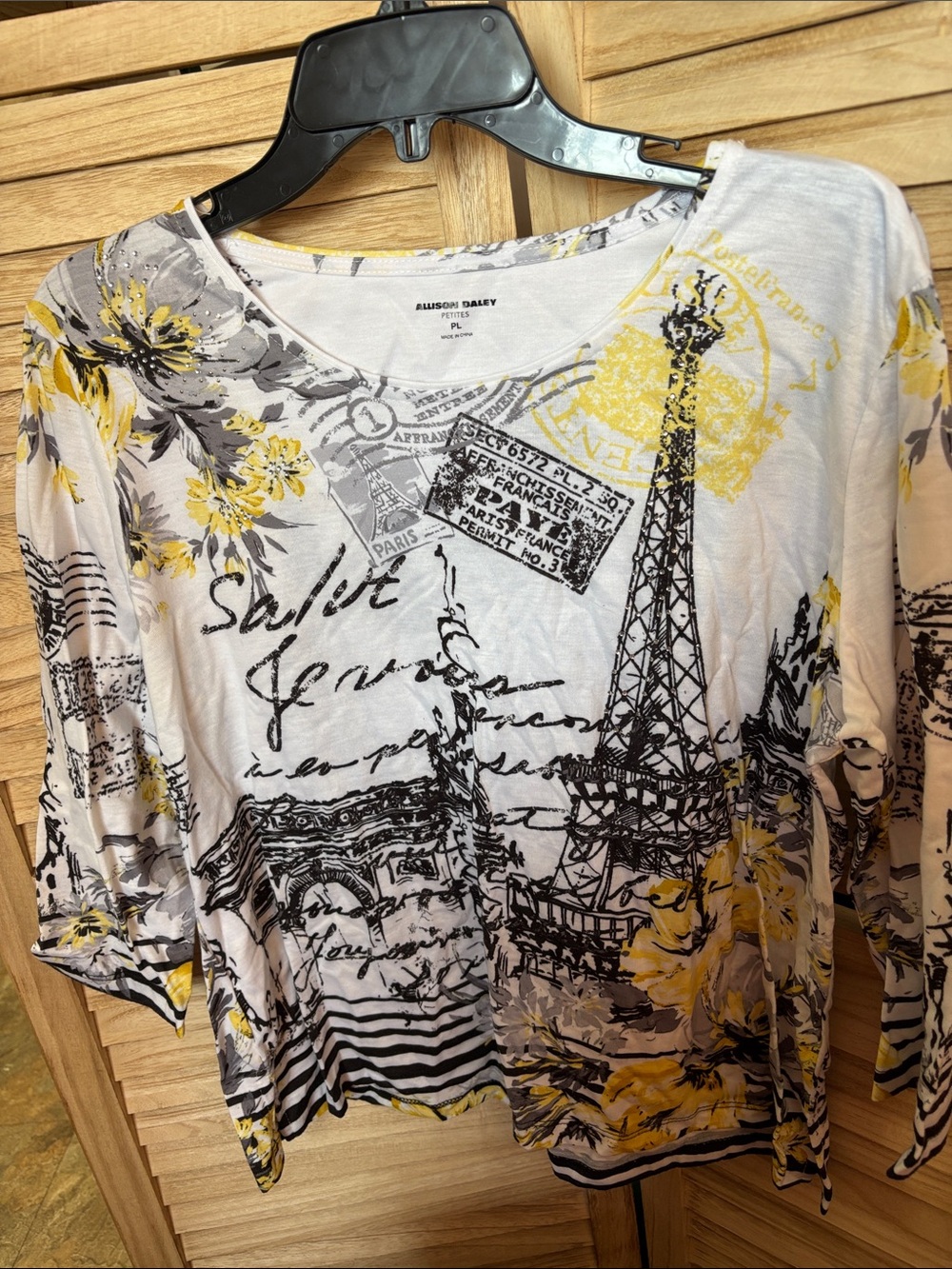 Allison Daley Embellished White Scoop-Neck Top with Yellow & Gray Paris Print PL